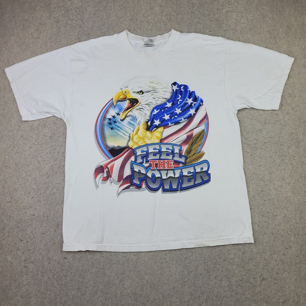 Vintage Feel The Power USA Bald Eagle Shirt Mens XL White Short Sleeve Crew Neck